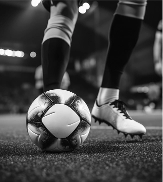 Piłka nożna przy nogach zawodnika na murawie stadionu podczas meczu
